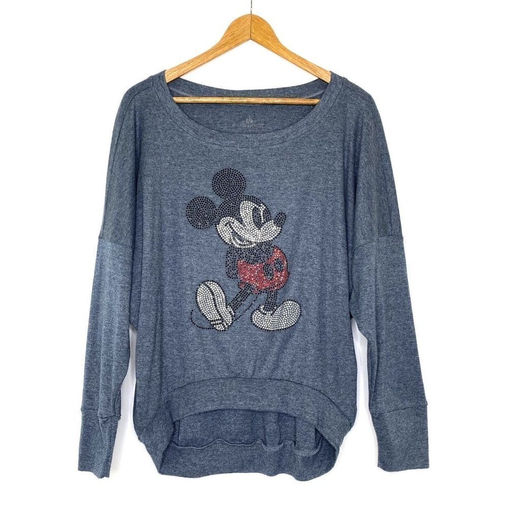 Disney Parks Mickey Mouse Knit Top Womens size Large High Low Hem Studded Blue
